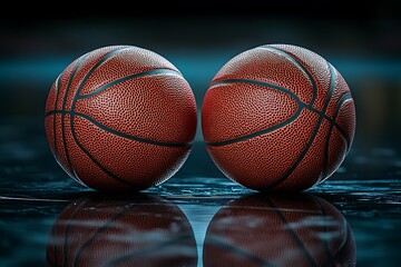 Two basketballs side by side with reflections on a wet surface against a dark background