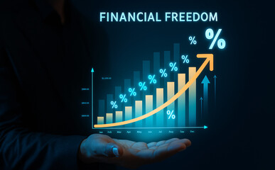 Financial freedom investment plan. Hand holding a hologram chart showing monthly growth in savings and income. Concept of long-term financial planning, wealth management, and retirement goals.