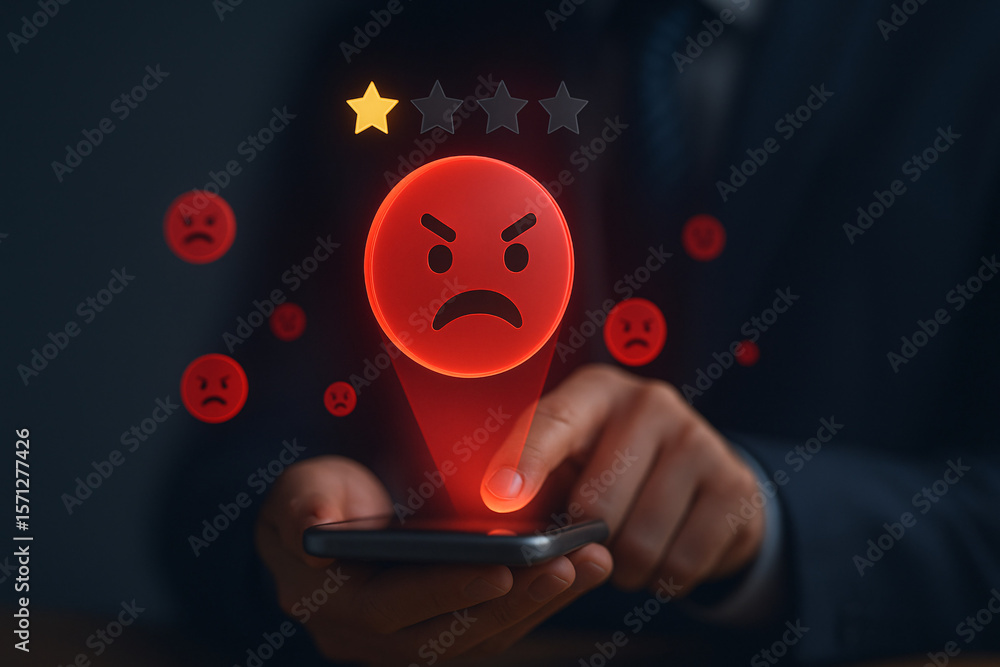Poster negative feedback and bad customer experience. user giving a 1-star rating with an angry emoji on a 