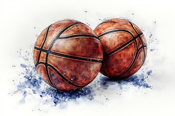 Two basketballs watercolor illustration brown orange black with blue splashes on white background