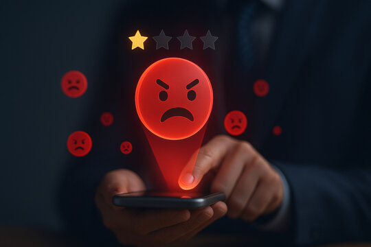 Negative feedback and bad customer experience. User giving a 1-star rating with an angry emoji on a smartphone. Concept of customer dissatisfaction and poor service review.