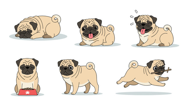 Adorable pixel art collection of pugs showing various fun activities and poses