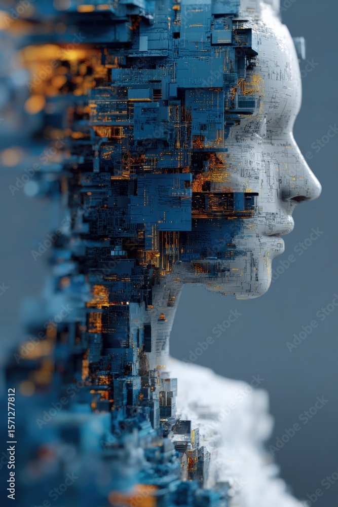 Poster Futuristic Digital Human Head Sculpture with Circuitry and Technology Elements in Profile View for Artificial ligence and Robotics Concepts