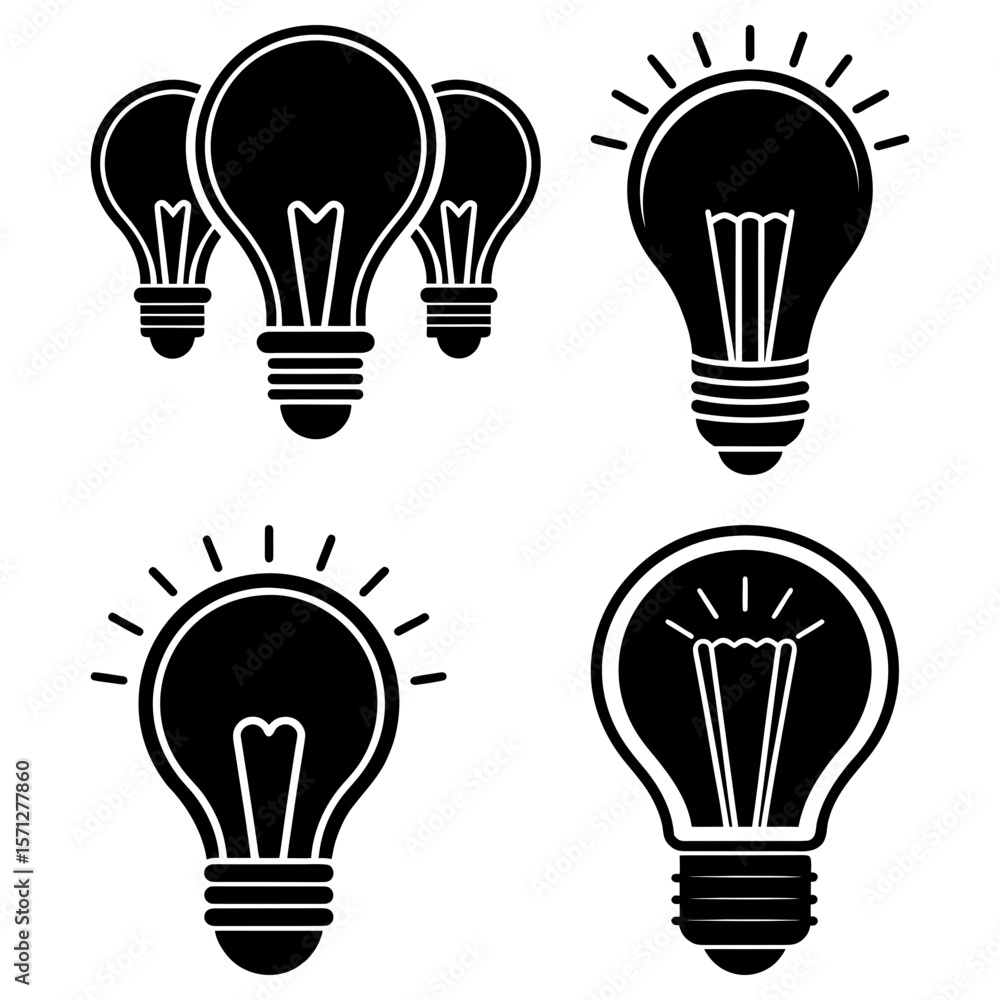 Poster illustration showing a collection of light bulbs in different styles and illumination patterns prese