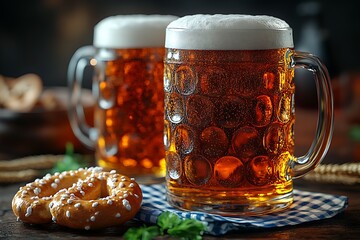 Two large beer mugs with white foam and pretzel on a checkered cloth wooden table