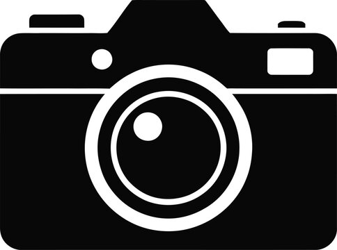Simple Black and White Camera Icon for Photography and Imaging representing a classic single lens reflex camera in a minimalist vector graphic style