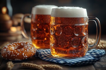Two large beer mugs with white foam pretzel on wood table with blue checkered cloth