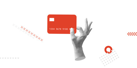 Mobile payment and online shopping, financial concept, transaction theme. Hand holds red bank card....