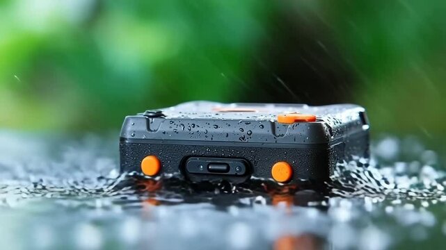 Waterproof rugged electronic device with orange button, black casing, and USB port for outdoor adventure, rain droplet resistant durable technology, resilient communication device for wet conditions