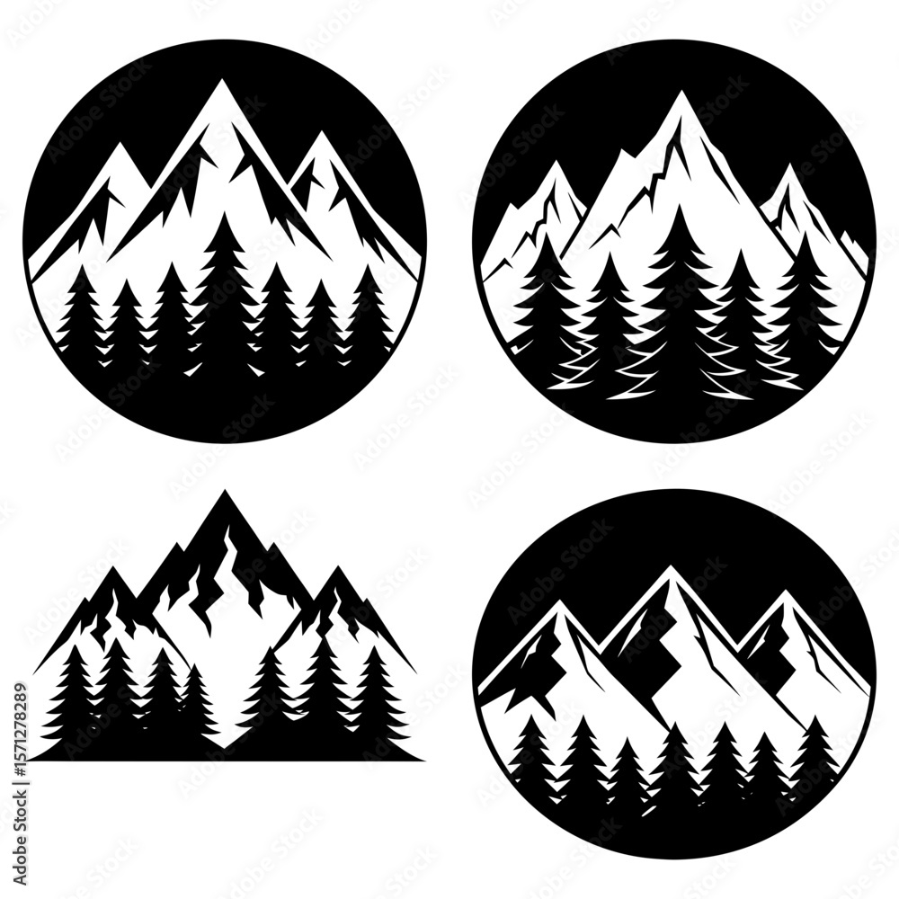 Poster four black and white mountain and forest icons in circular and triangular shapes in a vector graphic
