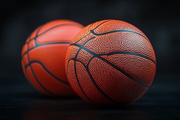 Two orange basketballs with black lines on a dark background close up studio shot