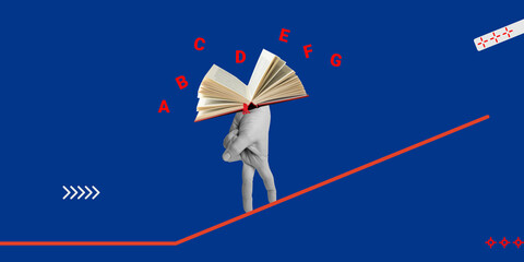 Education and knowledge. Hand with open book steps in ascending line, letters of alphabet flying...