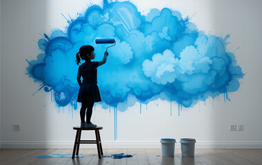 A girl on a stool painting a large blue cloud on a white wall with a paint roller in an indoor setting
