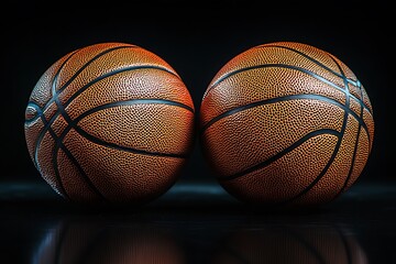 Two orange basketballs with black lines on a dark reflective surface against a black backdrop