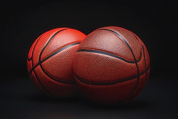 Two orange basketballs with black lines on a dark black background studio shot sport