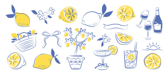 Set of lemon fruit icon in hand drawn blue and yellow doodle style. Summer vector illustration with citrus, glass, tree, bow. Lemon design for poster, menu, wedding invitation
