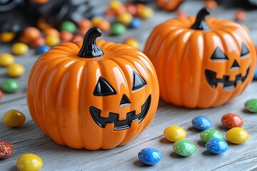 Two orange plastic pumpkin jars with black faces and candy on a wooden surface Halloween