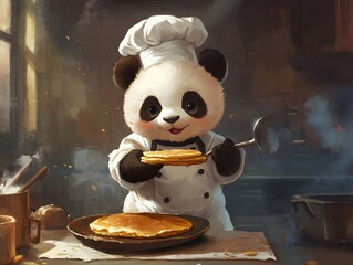 Culinary Cuteness: A Baby Panda Dressed as a Chef Trying to Flip a Pancake, chef with a pan