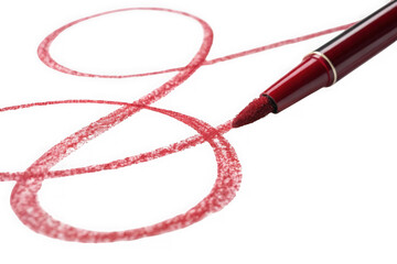 Red felt tip pen drawing a shimmering line isolated on a transparent background. Red marker drawing isolated swirling lines on white paint creating an artistic abstract pattern.