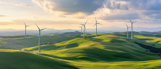 Wind Turbines on Rolling Green Hills – Clean Energy Landscape at Golden Hour