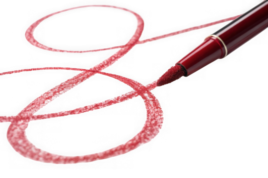 Red felt tip pen drawing a shimmering line isolated on a transparent background. Red marker drawing isolated swirling lines on white paint creating an artistic abstract pattern.