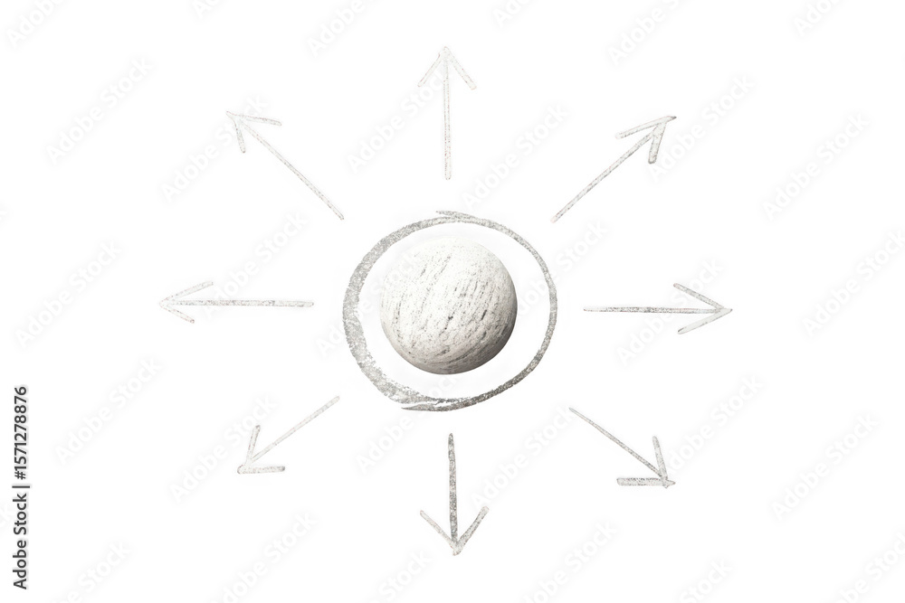Poster chalk drawing of a sphere with arrows pointing outwards isolated on transparent background