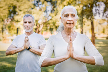 Calm elderly retired family couple practicing yoga outside happy husband and wife sitting on mats barefoot in lotus position holding hands in namaste gesture and smiling at camera. Meditation concept