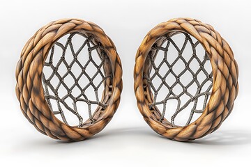 Two wooden basketball rims with nets front view isolated on white background studio shot