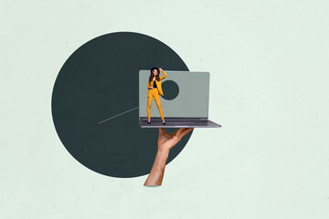 Composite 3d art pop image collage of happy businessman businesswoman stand laptop device...
