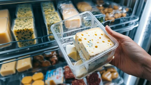 Cheese selection in a grocery store fridge showcasing various types and textures during an afternoon shopping trip