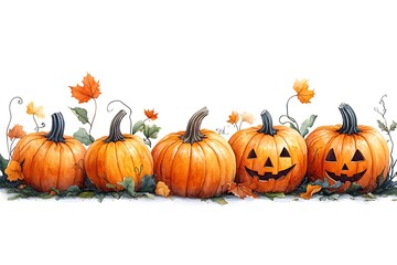Watercolor illustration of five orange pumpkins with carved faces and autumn leaves on white