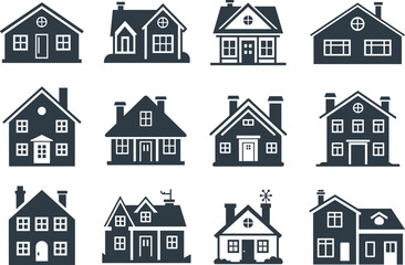 Collection of house icon silhouettes, modern and traditional home designs, residential architecture set, real estate illustration, black home vector symbols