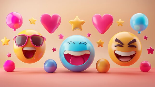 Vibrant 3D emoji faces and glossy stars, showing various emotions, set on a bright turquoise background.
