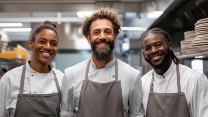 Professional kitchen team smiling in commercial restaurant setting, culinary excellence