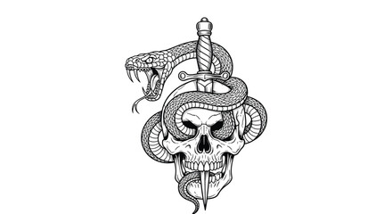 A mysterious skull wrapped in a venomous snake holding a sharp dagger