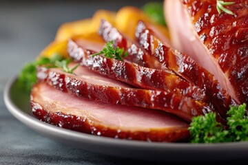 Obraz premium Deliciously Glazed Roasted Ham Slices with Fresh Parsley Garnish on White Plate for Holiday Feast or Family Dinner