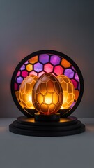 Unique decorative eggs with glowing accents displayed