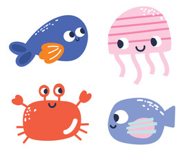 Sea animals jellyfish crab hand drawn collection