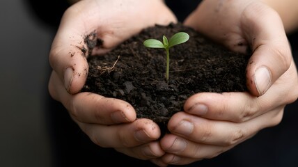  Human hands help plant seedlings in the ground