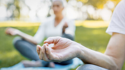Yoga practice at park. Peaceful grey haired man and woman sitting in lotus pose with closed eyes and meditating on fresh air. Couple on retirement keeping hands in mudra gesture and feeling calmness.