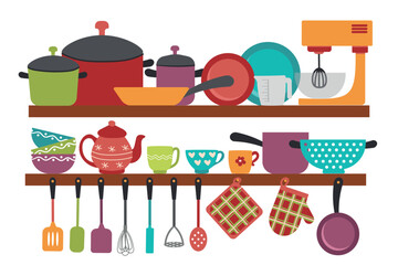 Kitchenware and ceramics collection for home - cups, plates, bowls, mixer, pots.