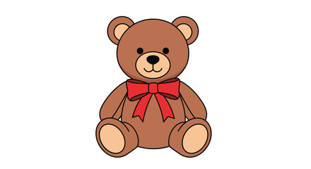 Adorable brown teddy bear with red bow sitting playful and cute