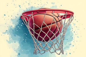 Basketball going through the net illustration with red hoop and ball against a watercolor background