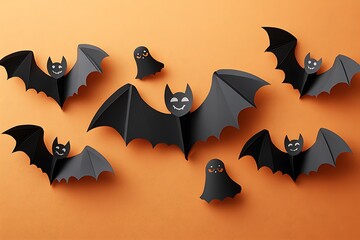 Black Paper Bats and Ghosts with Smiling Faces on Orange Background Halloween Theme