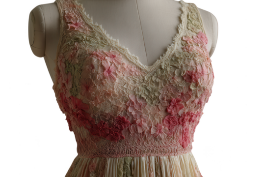 Floral lace dress isolated on transparent background is displayed