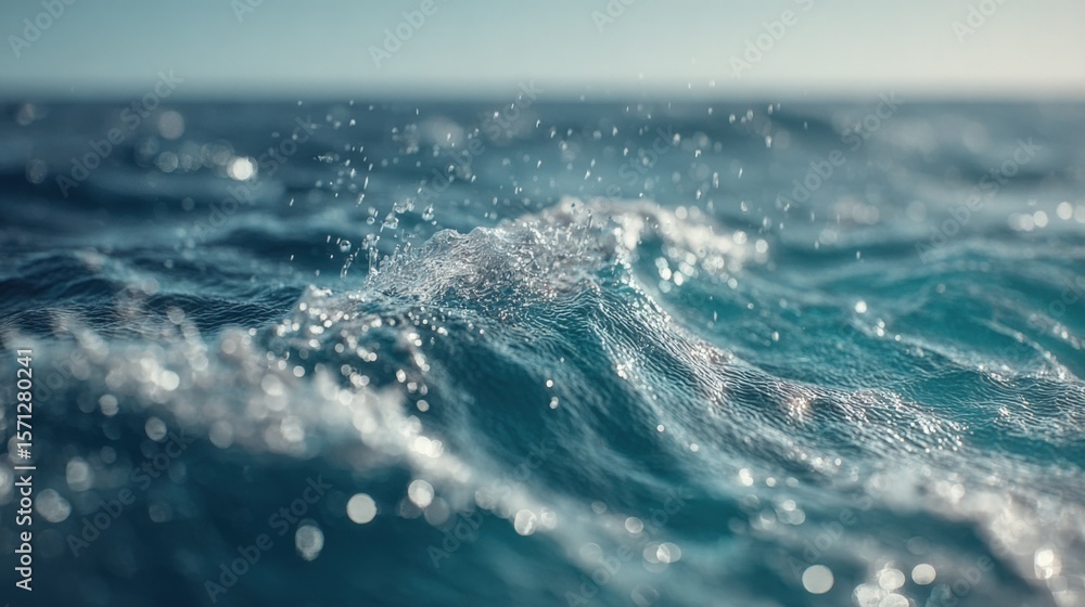 Poster vibrant ocean waves crashing and splashing in open sea du daytime with dynamic movement and clear bl