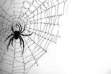 Black spider on a spiderweb with water droplets against a white background Halloween concept