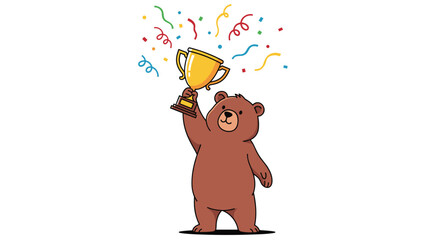 A joyful bear celebrates victory raising a golden trophy amidst falling confetti