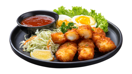 Fried tempura whiting fish or asohos with homemade tomato sauce served with sliced cabbage, lettuce, lemon and egg salad on a round black plate isolated on a white background