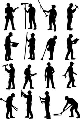 Obraz premium Construction Worker Action Silhouettes Human Labor Vector Icons
